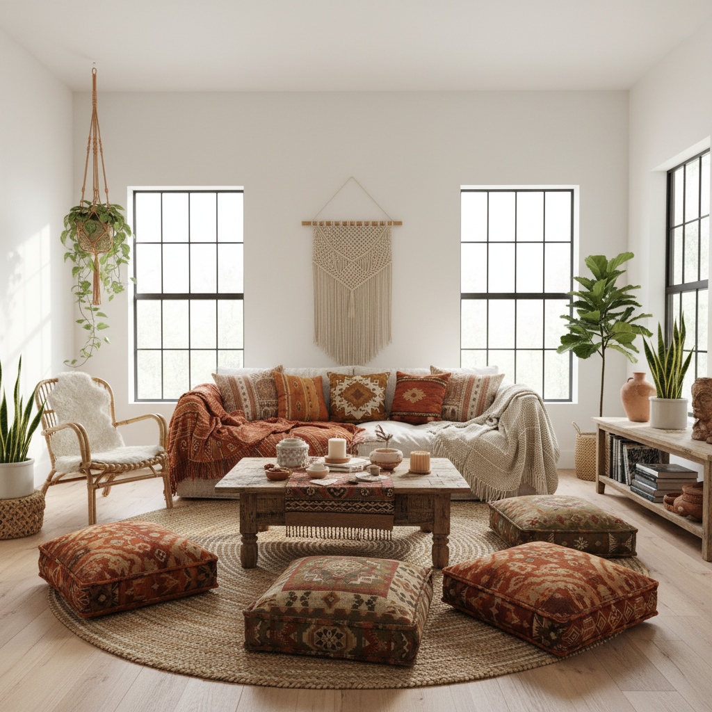 Virtual staging example: Bohemian Living Room - AI staged by StageAura