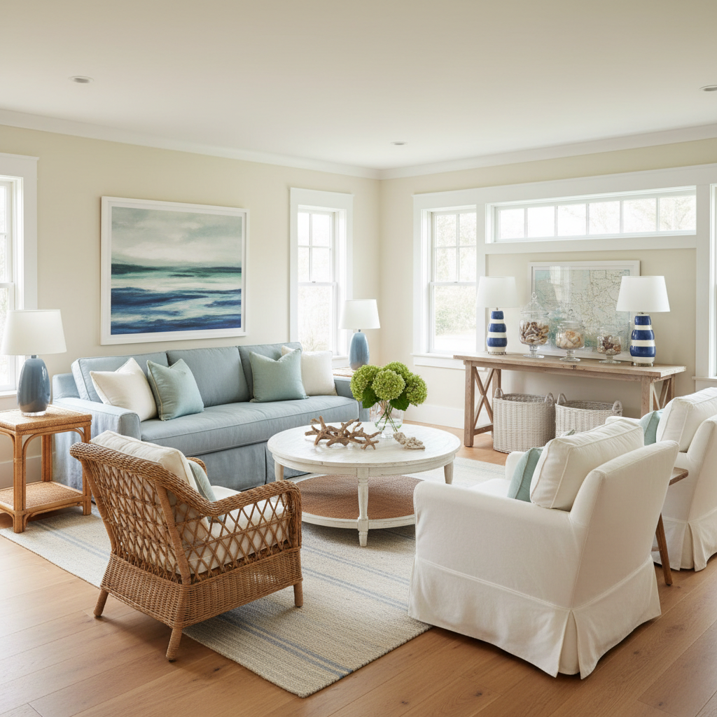Virtual staging example: Coastal / Hamptons Living Room - AI staged by StageAura