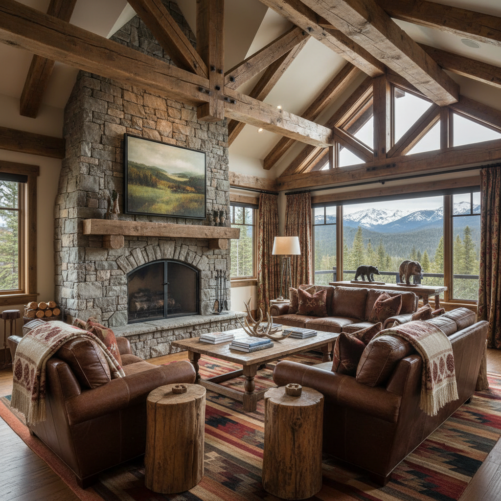 Virtual staging example: Rustic Mountain Living Room - AI staged by StageAura